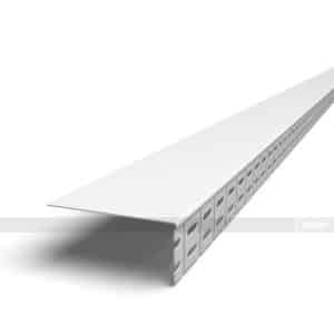 White perforated metal strut channel with square holes, shown at an angle.