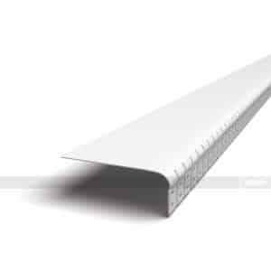 White curved perforated metal channel rail with evenly spaced holes along its length, viewed from an angled side.
