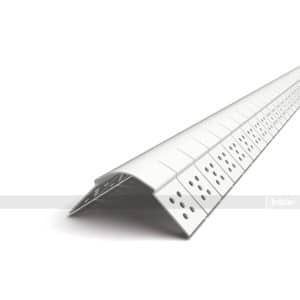 Diagonal white perforated drywall corner bead with the brand Intex on a white surface.