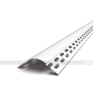 White perforated metal edge trim, shown diagonally, with a curved leading edge and square perforations along its length; brand name Intex faintly visible.