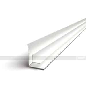 White metal U-channel extrusion shown diagonally on a white background, a clean architectural trim profile with Intex watermark.