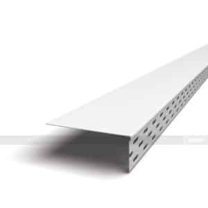 White perforated metal angle beam (slotted channel) extending diagonally across a white background.