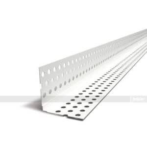 White perforated metal L-angle bracket with rows of circular holes, shown from a diagonal perspective.