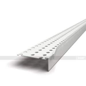 White perforated metal channel extending diagonally, with evenly spaced circular holes along its top surface.