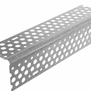 Perforated metal cable tray with circular holes, used to organize and support electrical cables.