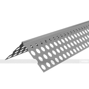 Gray perforated metal strip bent into an angle, with evenly spaced circular holes, photographed on a white background.