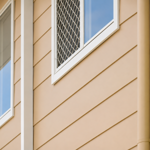 Beige siding exterior with white-framed windows and diamond-pattern security screens; green wall at right and beige downspout.