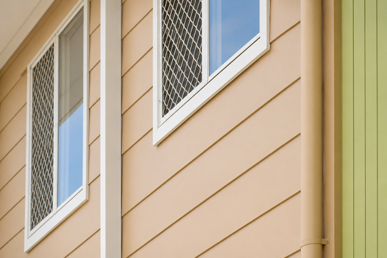 Beige siding exterior with white-framed windows and diamond-pattern security screens; green wall at right and beige downspout.