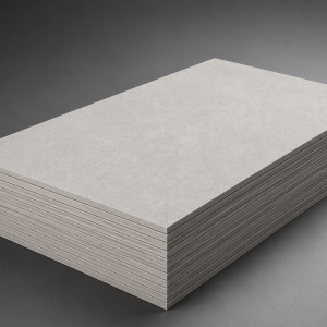 Stack of light gray concrete boards or drywall sheets arranged in a neat pile on a dark surface, showing layered edges.