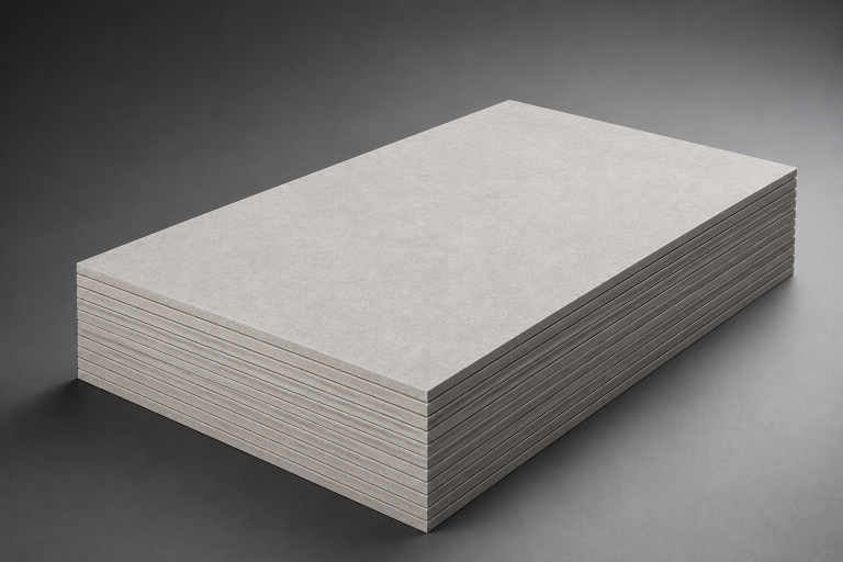 Stack of light gray concrete boards or drywall sheets arranged in a neat pile on a dark surface, showing layered edges.