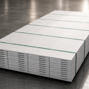 Stack of silver metal sheets bound with green straps on a pallet in a warehouse.