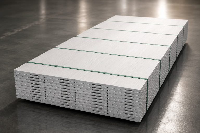 Stack of silver metal sheets bound with green straps on a pallet in a warehouse.