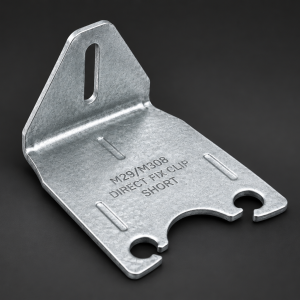Metal mounting bracket with holes, labeled M29/M308 Direct Fix Clip Short used for fastening.