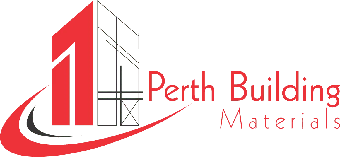 Perth Building Materials logo with a red abstract building and curved swoosh. OR: Red building silhouette and swoosh forming the Perth Building Materials logo.