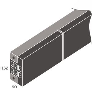 Isometric illustration of a long rectangular electronic module with a connector end and curved cap, labeled 162 by 90.