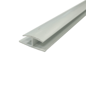 White plastic U-channel extrusion with a hollow interior and divider.