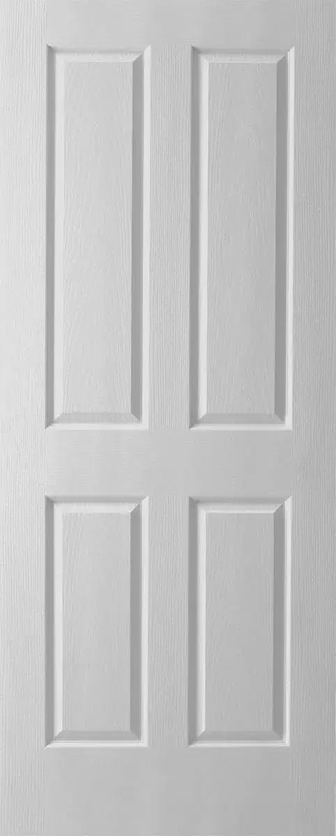 White interior door with four raised panels, shown closed.