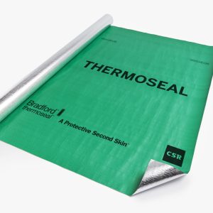 Green Thermoseal protective membrane sheet partially unrolled with a silver roll on a white background; branded Bradford Thermoseal and CSR logo, ‘A Protective Second Skin.’