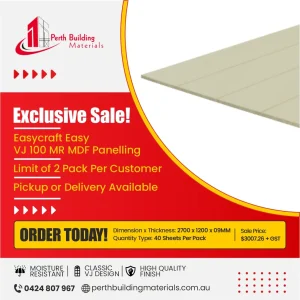 Promotional poster for Perth Building Materials advertising an exclusive sale on VJ MDF panelling, with order today and contact info at the bottom.