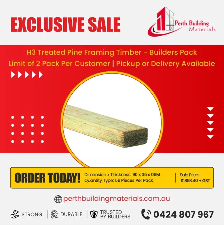 Promotional ad for Perth Building Materials showing a timber plank inside a round frame on a red banner with an 'ORDER TODAY' section and sale details.