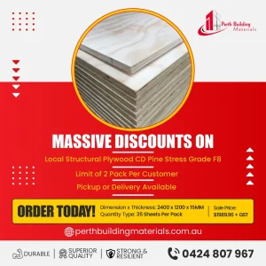 Promotional ad for Perth Building Materials: stack of plywood on a circular frame with bold 'Massive Discounts' text and order details against a red background.