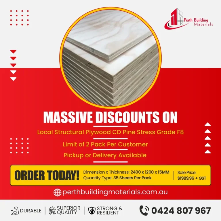 Promotional ad for Perth Building Materials: stack of plywood on a circular frame with bold 'Massive Discounts' text and order details against a red background.