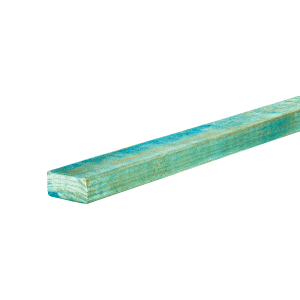 Turquoise painted wooden plank lying diagonally across a white background.