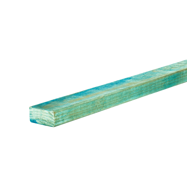 Turquoise painted wooden plank lying diagonally across a white background.