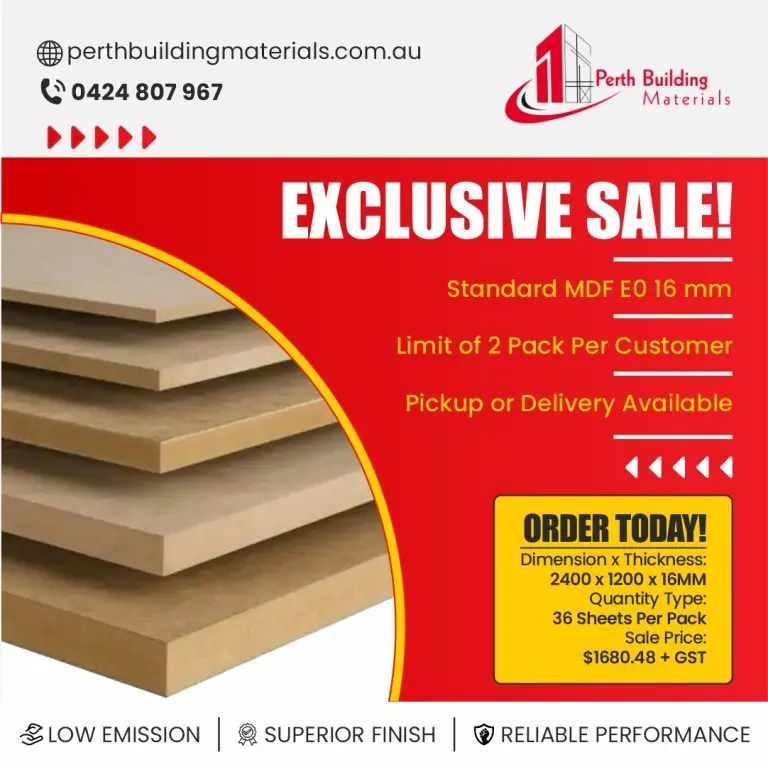 Promotional banner for Perth Building Materials featuring MDF boards on the left and a bold red sale panel reading 'EXCLUSIVE SALE!' with contact info at the top and a yellow 'ORDER TODAY!' box showing dimensions and price on the right.