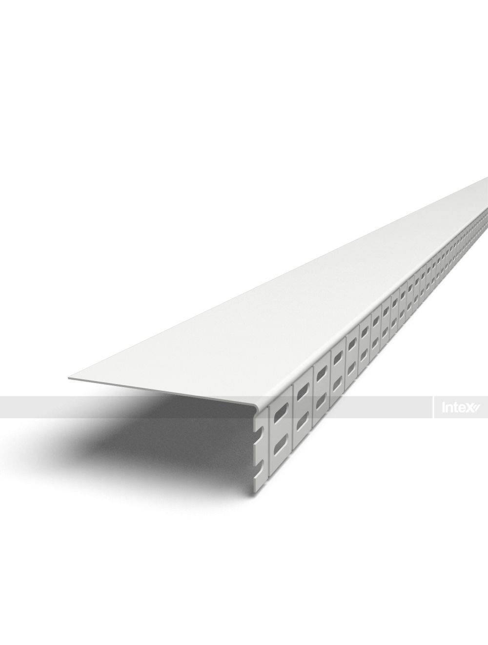 White perforated metal strut channel with square holes, shown at an angle.