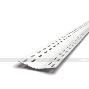 White perforated metal slotted channel extending diagonally, used as a mounting rail with rectangular holes