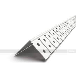 Long white perforated metal angle beam with evenly spaced circular holes, angled on a white background.