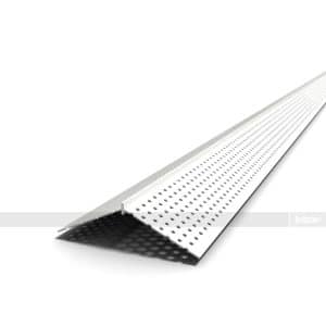 White perforated metal channel with a triangular cross-section, angled away, likely a drainage/ventilation profile.