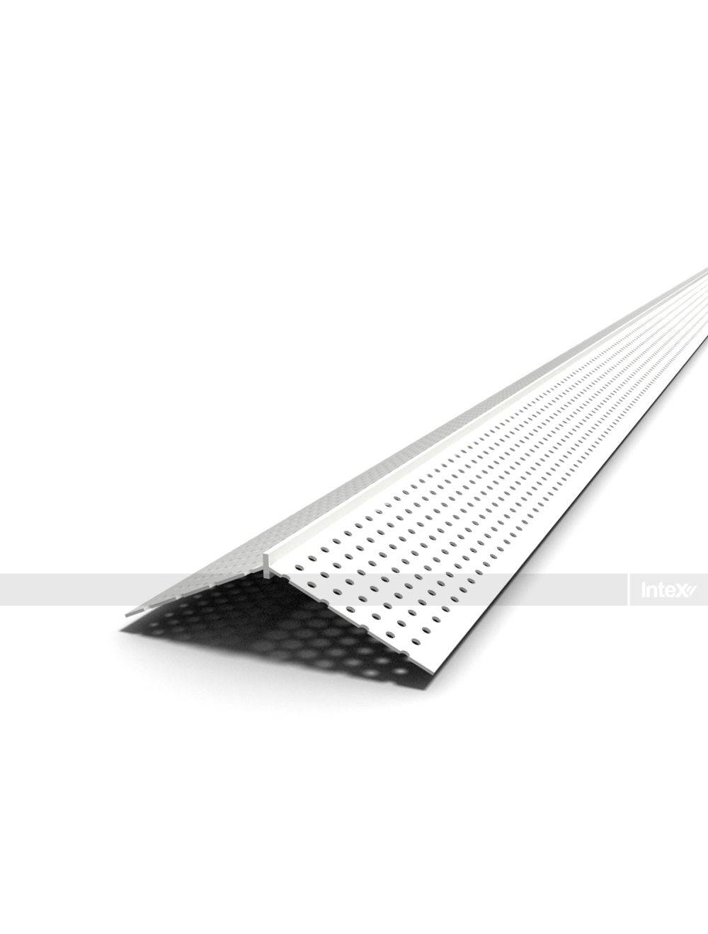 White perforated metal channel with a triangular cross-section, angled away, likely a drainage/ventilation profile.