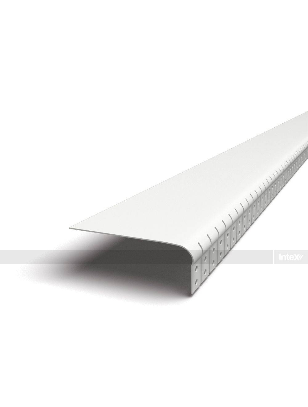 White curved perforated metal channel rail with evenly spaced holes along its length, viewed from an angled side.