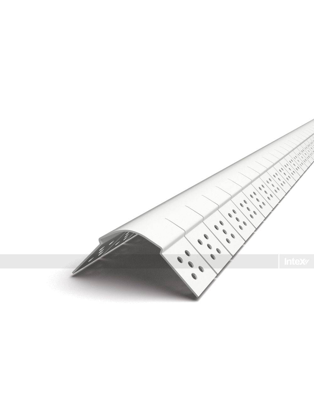 White perforated metal angle rail/t-profile with evenly spaced holes, shown at a diagonal against a white background; a bent end visible at the left.