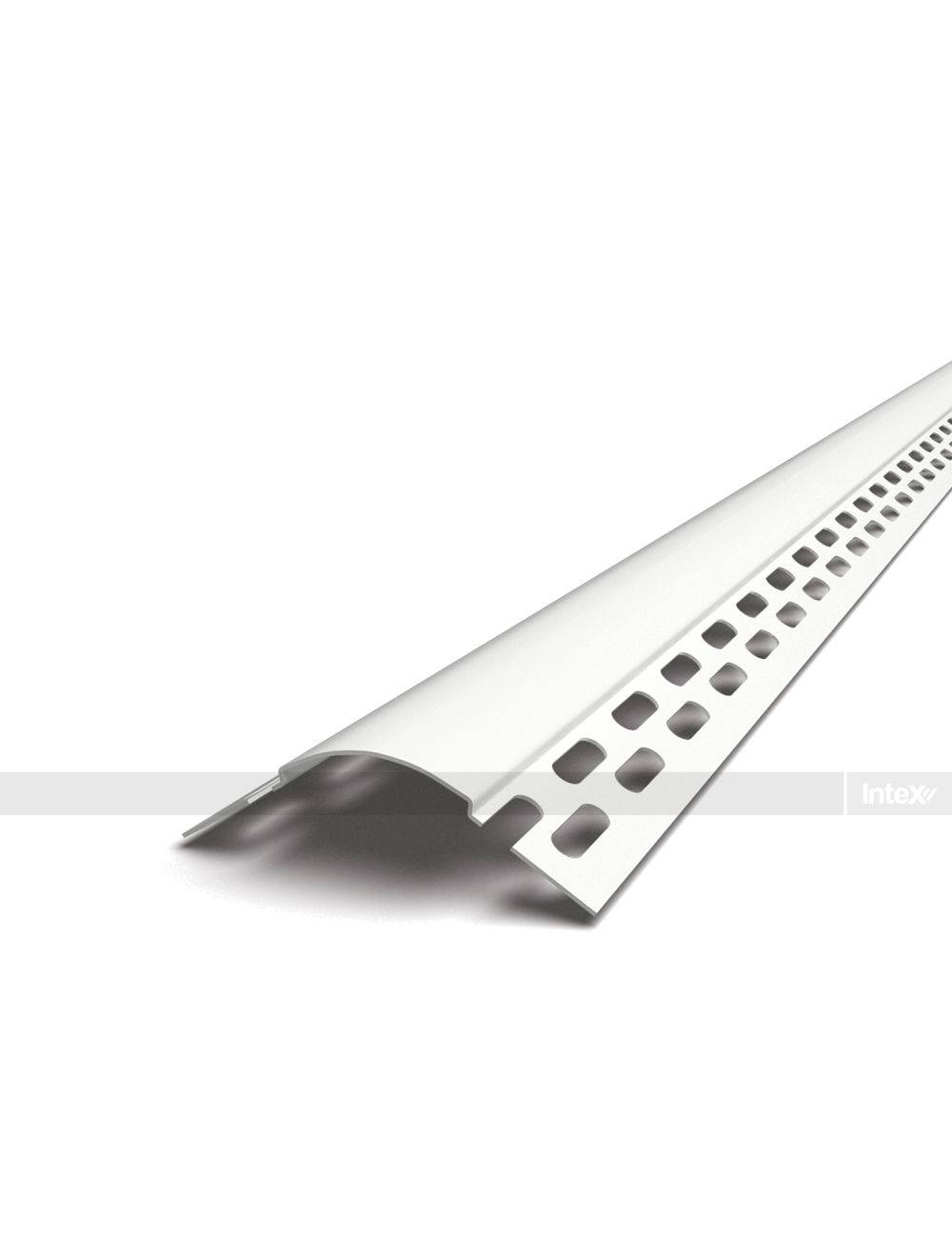 White perforated metal edge trim, shown diagonally, with a curved leading edge and square perforations along its length; brand name Intex faintly visible.
