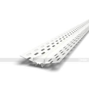 White perforated metal edging trim with evenly spaced slots, shown at an angle in perspective.