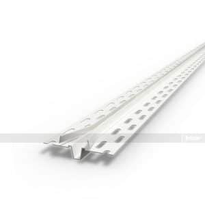 Long silver perforated metal track with evenly spaced rectangular holes, used as a mounting or support rail for electrical or construction installations.