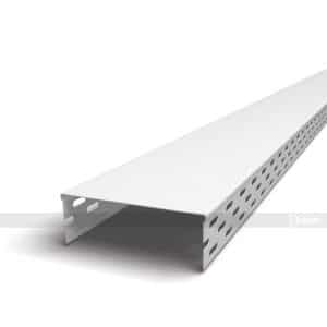 White perforated metal mounting rail viewed from an angled side, with holes along the sides for securing components, white finish