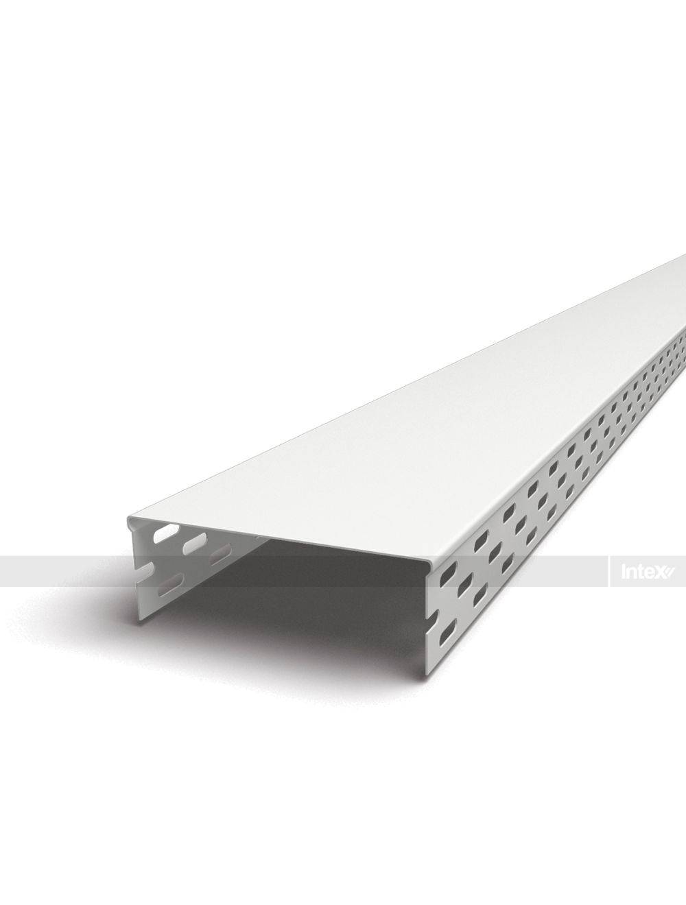 White perforated metal mounting rail viewed from an angled side, with holes along the sides for securing components, white finish