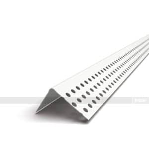 Perforated metal edging/profile with a bent triangular edge, shown in white/silver for construction use