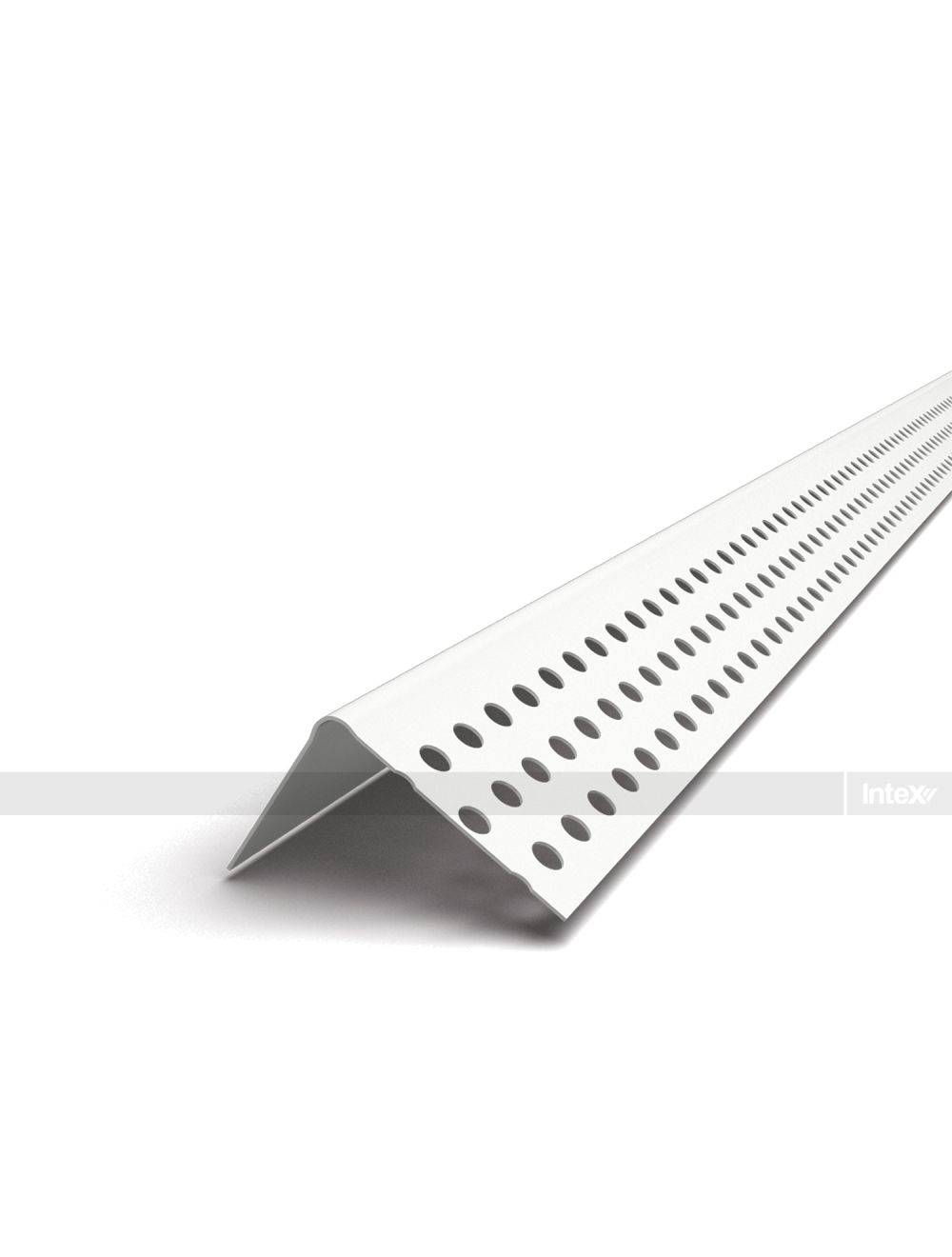 Perforated metal edging/profile with a bent triangular edge, shown in white/silver for construction use