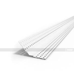 White perforated metal angle trim with evenly spaced holes, intended as a construction edge/trim accessory (Intex).