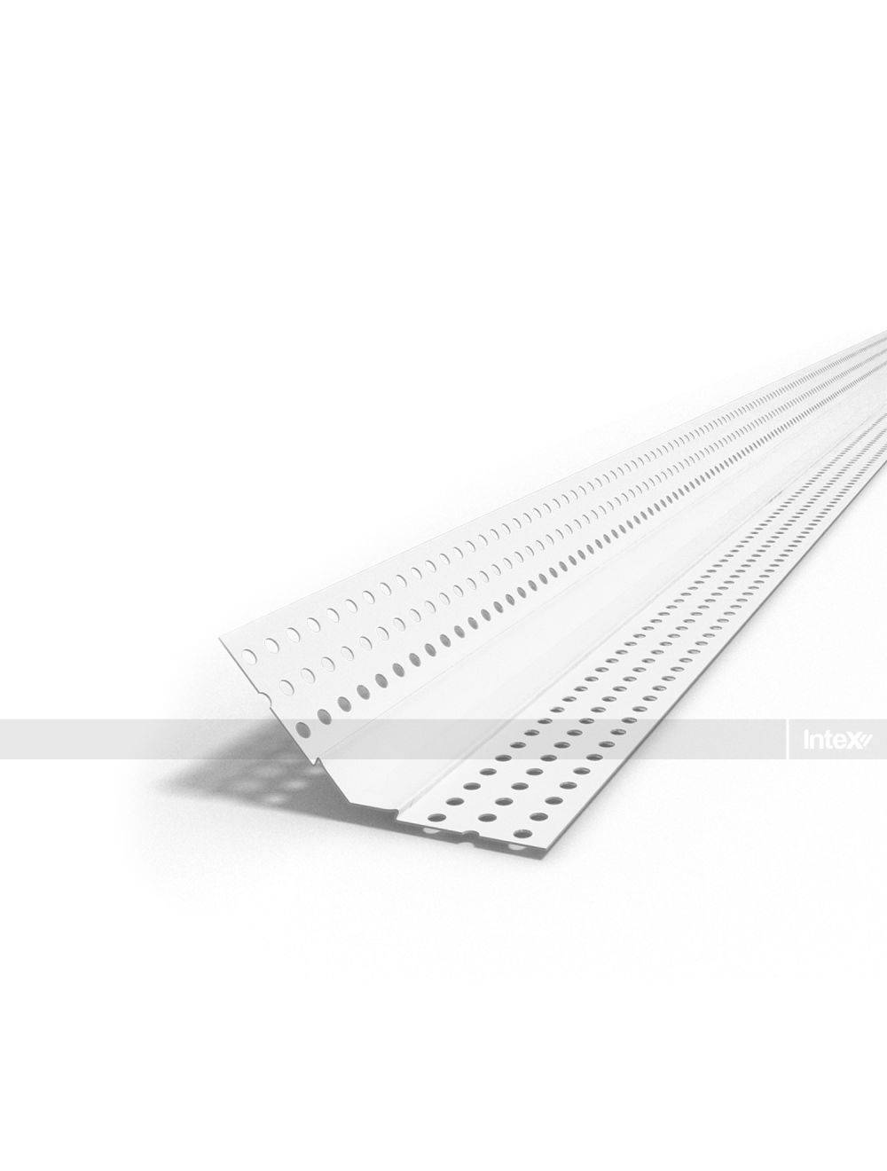 White perforated metal angle trim with evenly spaced holes, intended as a construction edge/trim accessory (Intex).