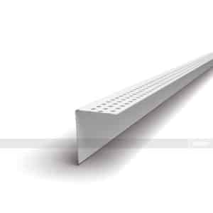 White perforated metal channel/rail with evenly spaced holes, shown diagonally on a white background