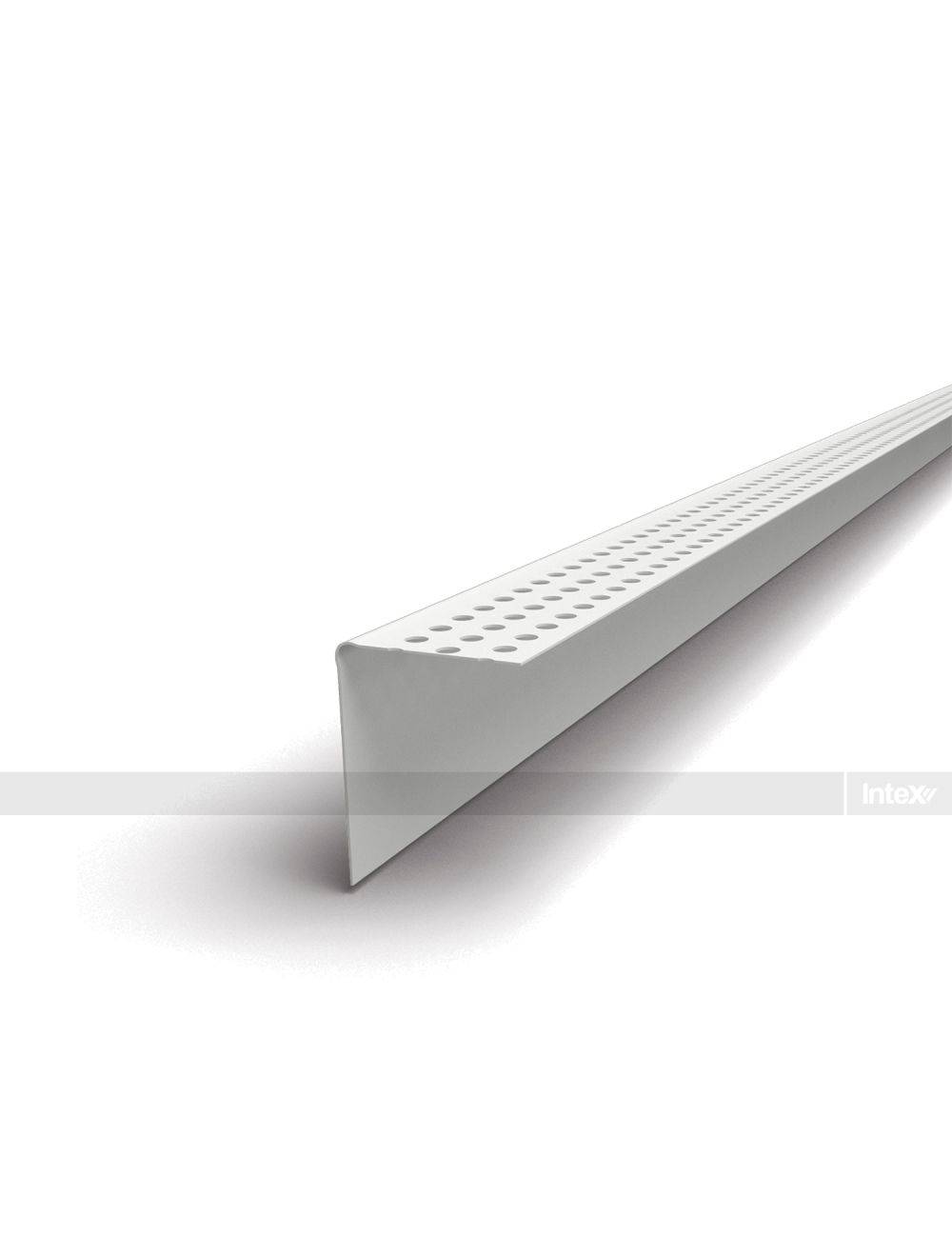 White perforated metal channel/rail with evenly spaced holes, shown diagonally on a white background