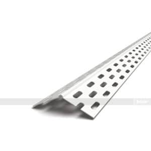 Long perforated metal strip with square holes, angled diagonally across a white background.