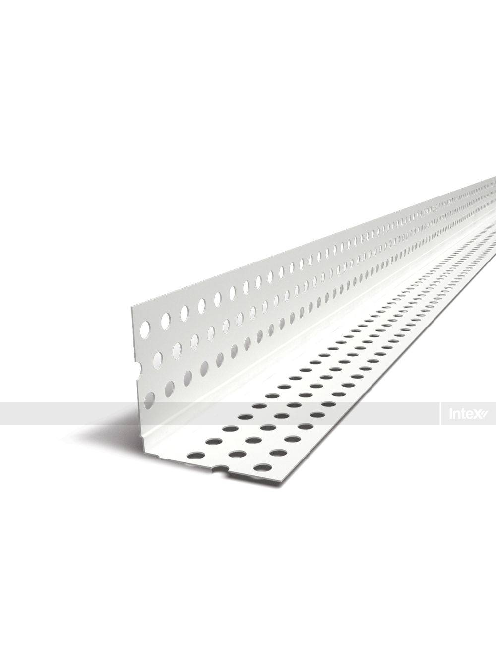 White perforated metal L-angle bracket with rows of circular holes, shown from a diagonal perspective.