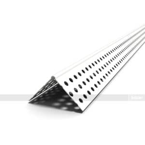 White perforated metal corner piece with oval holes, forming a sharp V-shaped channel.